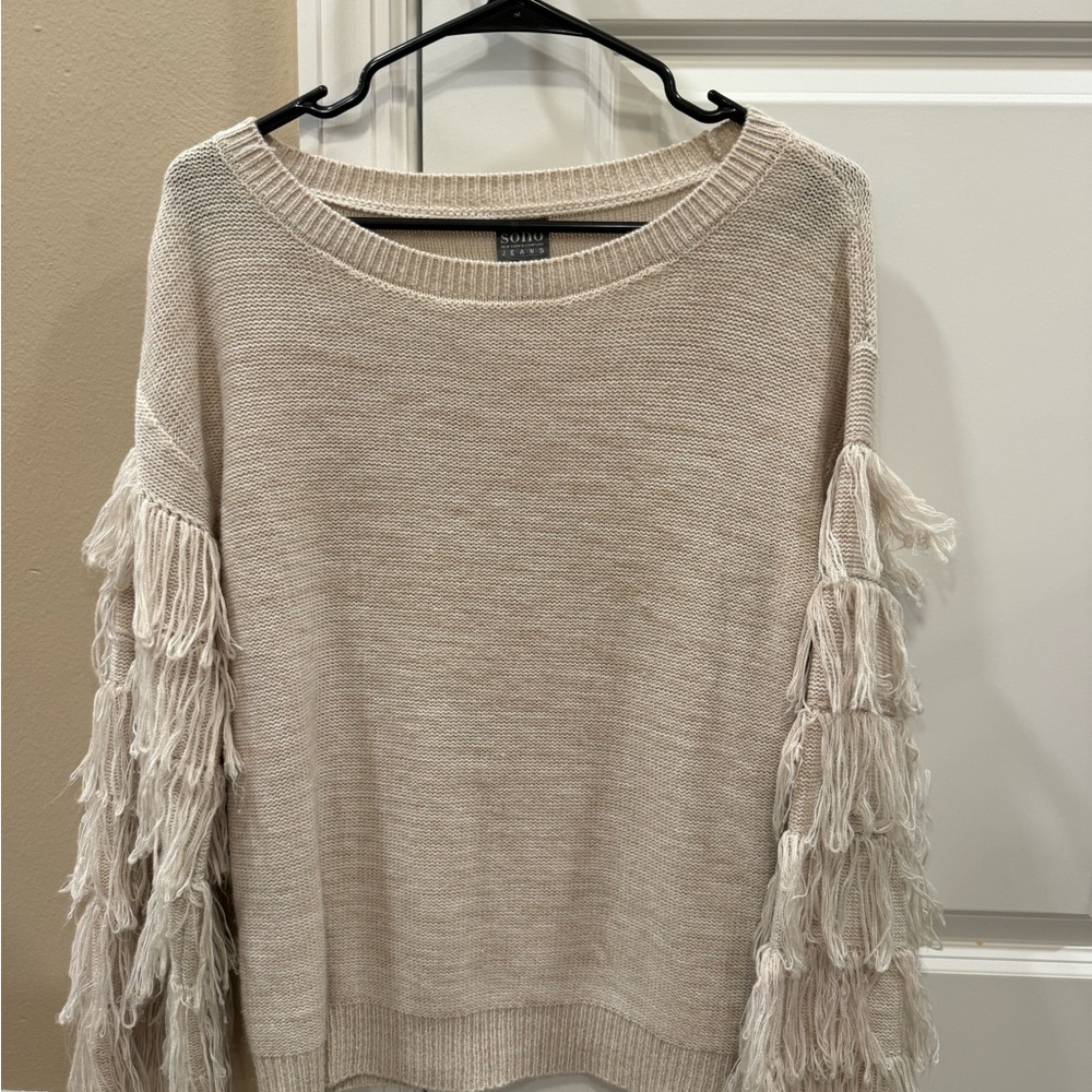 New York & Company Cream Sweater with Fringe Sleeves